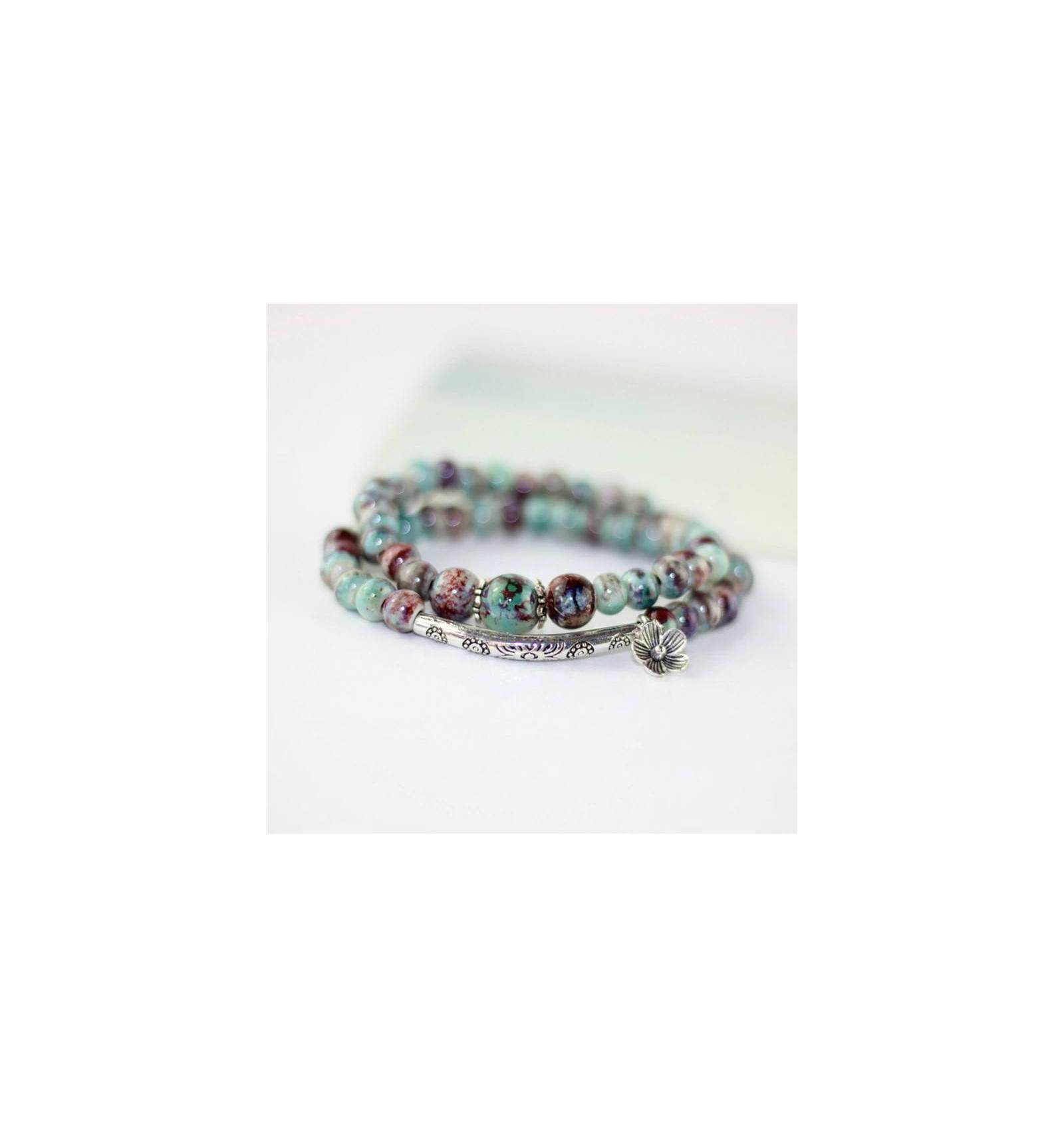 Kit bracelet cuir Léonie, daim nappa turquoise avec perles céramique et  argent